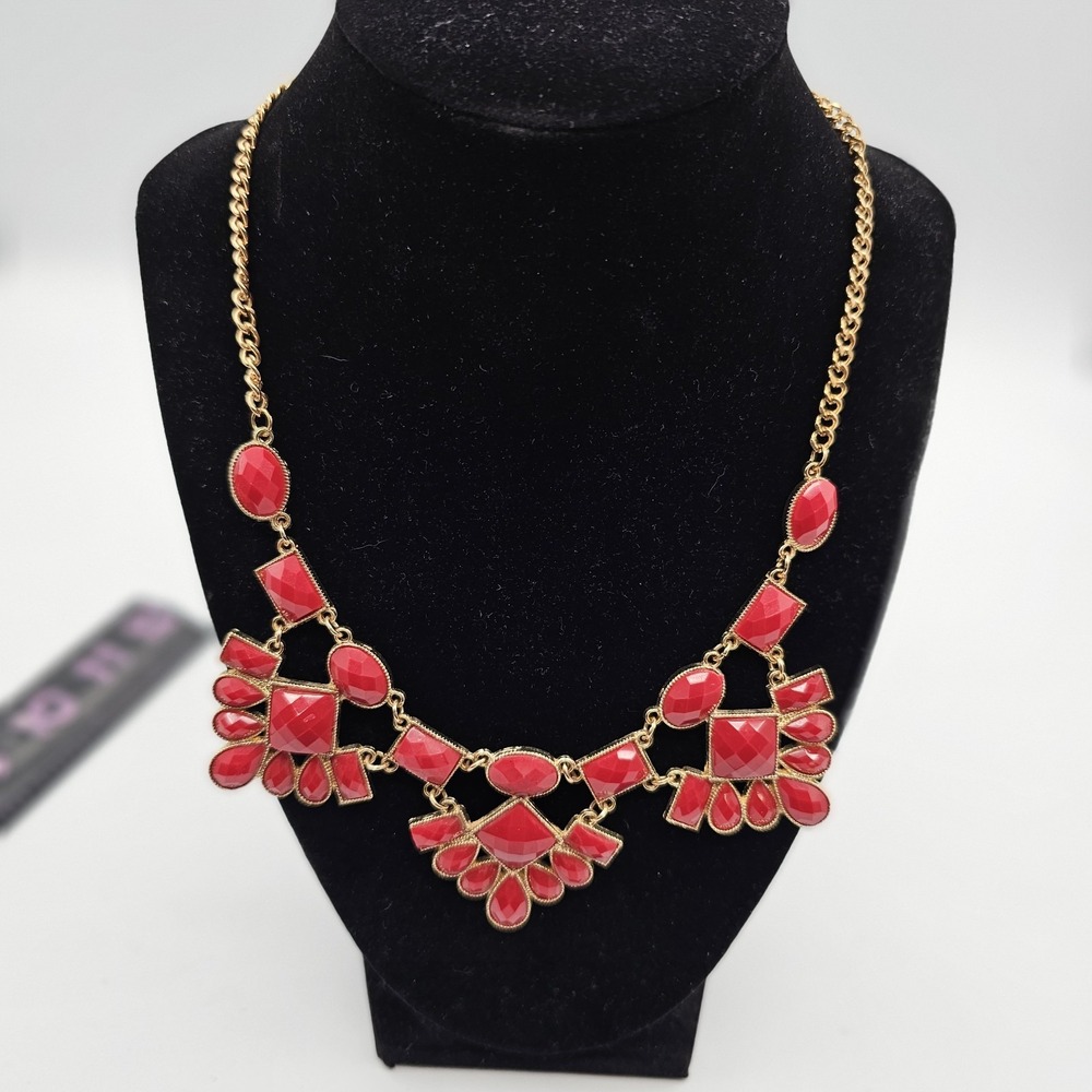 ETC Red Statement Bib Necklace Gold Tone Faceted Geometric Fashion Jewelry